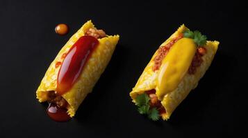 Pancakes with meat and cheese on a black background, top view photo