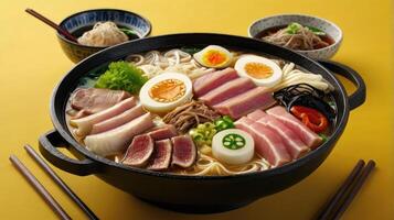 japanese noodle soup with pork and egg on yellow background photo