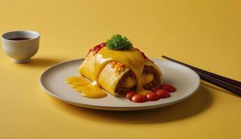 Stuffed cabbage with minced meat, cheese and tomato sauce on yellow background photo