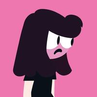 Cartoon image of a sad girl with dark hair, large eyes, and a pink background. vector