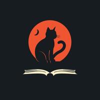 Silhouette of a cat against a red moon, perched atop an open book, creating a mystical and literary atmosphere. vector