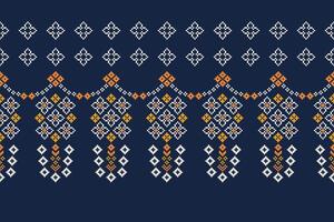 Ethnic blur pattern pixel cross stith pattern blue background pixel art. vector