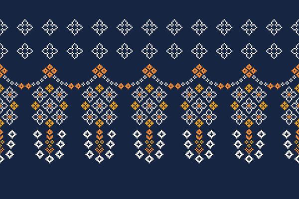 Ethnic blur pattern pixel cross stith pattern blue background pixel art.