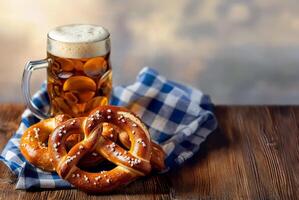 A refreshing glass of beer paired with crunchy pretzels on a wooden table photo