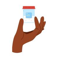 Semen analysis. Plastic container with semen sample on african hand. Sperm donation concept vector