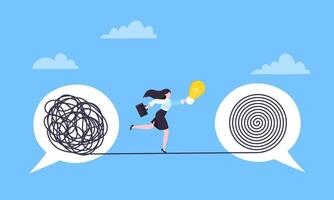 Understanding problem solution simplify challenge. Woman running to solve problem with idea lightbulb. vector