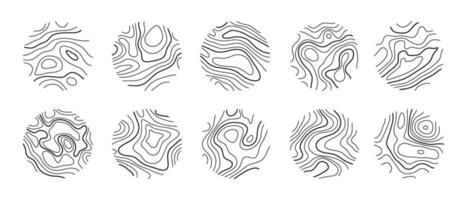 Circular wood rings or topographic map lines texture set collection on white background. vector