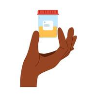 African hand holds medical urine sample in a container in fingers. Pee sample in plastic container vector