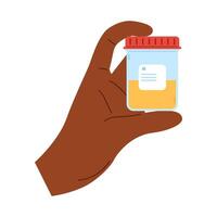 African hand holds container with urine sample. Plastic containers with urine analysis vector