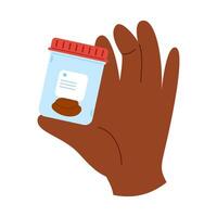African hand holding plastic container with feces sample in fingers. Stool analysis. vector