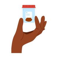 African hand holds test tube with biological material. Poop test. Plastic container with feces sample vector