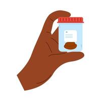 African hand holds laboratory container with excrement. Plastic container with feces sample vector