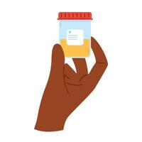 African hand holds container with pee sample inside. Medical urine sample in plastic container vector
