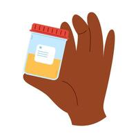 African hand holds container with urine analysis inside. Medical urine sample in plastic tube vector