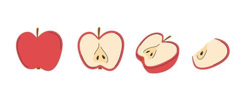 Red apple hand drawn set. Whole apple, chopped and cutted fruit, half, slice of apple. vector