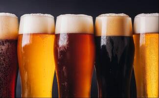 Assorted pints of craft beer displayed on a sleek black background for an inviting pub atmosphere photo