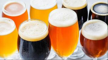 Assorted pints of beer , showcasing different styles and colors against a white backdrop, perfect for beer enthusiasts photo