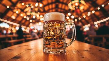 A traditional German beer mug filled with lager on a wooden table in a lively setting with a blurred background photo