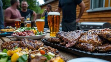 Friends enjoying grilled meat and beer during a summer barbecue in a garden setting on a sunny afternoon photo