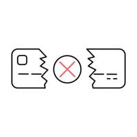 Rejected or canceled payment icon with broken credit or debit bank card. Red cross sign of unsuccessful payment vector