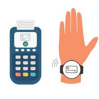 Hand with smartwatch with NFC technology for contactless payment. Pos terminal with approved payment vector