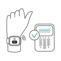 Approved payment with a smart watch NFC technology. Green checkmark. Line art. Editable stroke vector