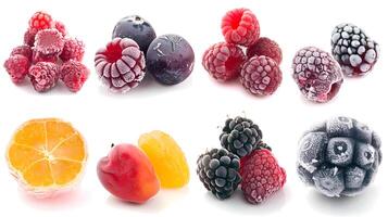 Frozen berries and citrus fruits on a white background photo