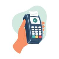 Hand holding POS payment terminal, printing a receipt indicating successful approved transaction vector
