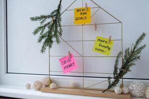 Vision board with new year resolutions aims goals on sticky notes. Preparation for New Year. Concept of planning and setting goals for personal development photo