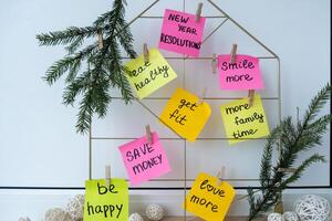 Vision board with new year resolutions aims goals on sticky notes. Preparation for New Year. Concept of planning and setting goals for personal development photo