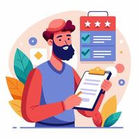 A man with beard is holding a clipboard and looking at a five star rating vector