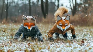 Amidst a snowy landscape two young boys donning fox and wolf masks excitedly crawl on all fours embodying the spirit of nature and playful adventure in the winter air. photo