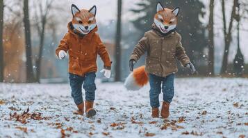 Two boys dressed in fox and wolf masks complete with tails joyfully scamper across a snowy lawn embracing the magic of winter fun. photo