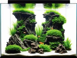 An enchanting aquarium illustration with aquatic plants, driftwood, and rocks, capturing a peaceful aquascape design photo