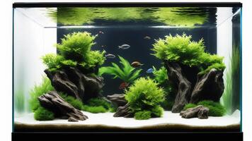 A captivating nature aquarium illustration featuring underwater plants, driftwood, and rocks, showcasing a harmonious and serene aquascape design photo