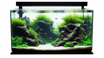 A captivating nature aquarium illustration featuring underwater plants, driftwood, and rocks, showcasing a harmonious and serene aquascape design photo