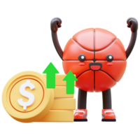 3D Basketball Character Standing Next To Increasing Coin Stack Representing Business Profit Suitable For Financial Content And Business Promotions png