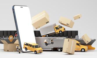 An advanced logistics and delivery network featuring cargo ships trucks vans scooters and an airplane showcasing efficient and fast transportation for global supply chain solutions 3d rendering photo
