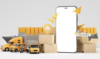 An advanced logistics and delivery network featuring cargo ships trucks vans scooters and an airplane showcasing efficient and fast transportation for global supply chain solutions 3d rendering photo