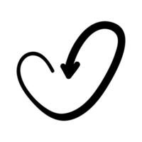 Single hand draw black and white arrow down in shape heart. flat illustration sketch design element.Icons in doodle style isolated on white background. vector