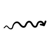 Single hand draw black and white arrow in doodle style isolated on white background. flat illustration sketch design element.Icon in spiral,wave shape. vector