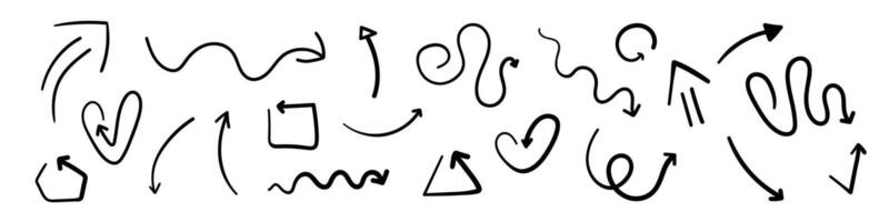 Set of hand draw black and white arrows in doodle style isolated on white background. illustration sketch design element.Icons in shapes of hearts,circle,waves. vector