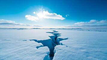 Intense frostquake in a frozen tundra huge cracks forming in thick ice under a bright winter sky photo