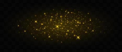Golden glowing particles and sparkling stars isolated on dark background. Bright starbursts with glittering effects. Graphical patch of reflected light. Abstract magic dust. illustration. vector
