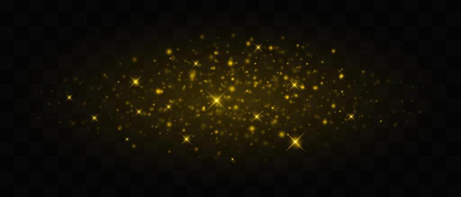 Golden glowing particles and sparkling stars isolated on dark background. Bright starbursts with glittering effects. Graphical patch of reflected light. Abstract magic dust. illustration.