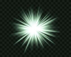 Abstract green star explosion. Glowing starburst effect isolated on dark background. Radiant beams with bright glowing center. Graphical patch of reflected light. Lens flare. illustration. vector