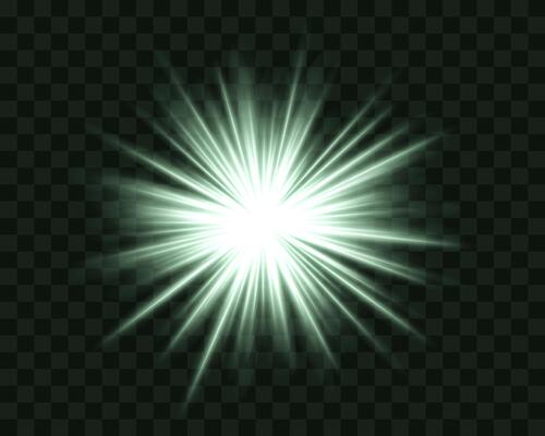 Abstract green star explosion. Glowing starburst effect isolated on dark background. Radiant beams with bright glowing center. Graphical patch of reflected light. Lens flare. illustration.