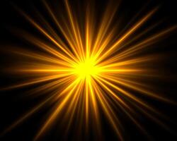 Abstract yellow star explosion. Glowing starburst effect isolated on dark background. Radiant beams with bright glowing center. Graphical patch of reflected light. Lens flare. illustration. vector