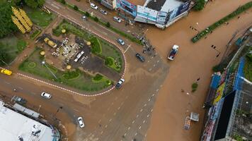 Chiang Rai, Thailand -13-September-2024 - Aerial view of King Mengrai monument landmark in the heart of Chiang Rai downtown after typhoon Yagi has swept Chiang Rai province of Thailand. photo