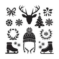 Christmas icons set with snowflakes, hats, skates and other items vector
